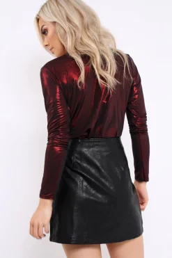 Rebellious Fashion Wine Metallic Wrap Front Bodysuit - Kristen