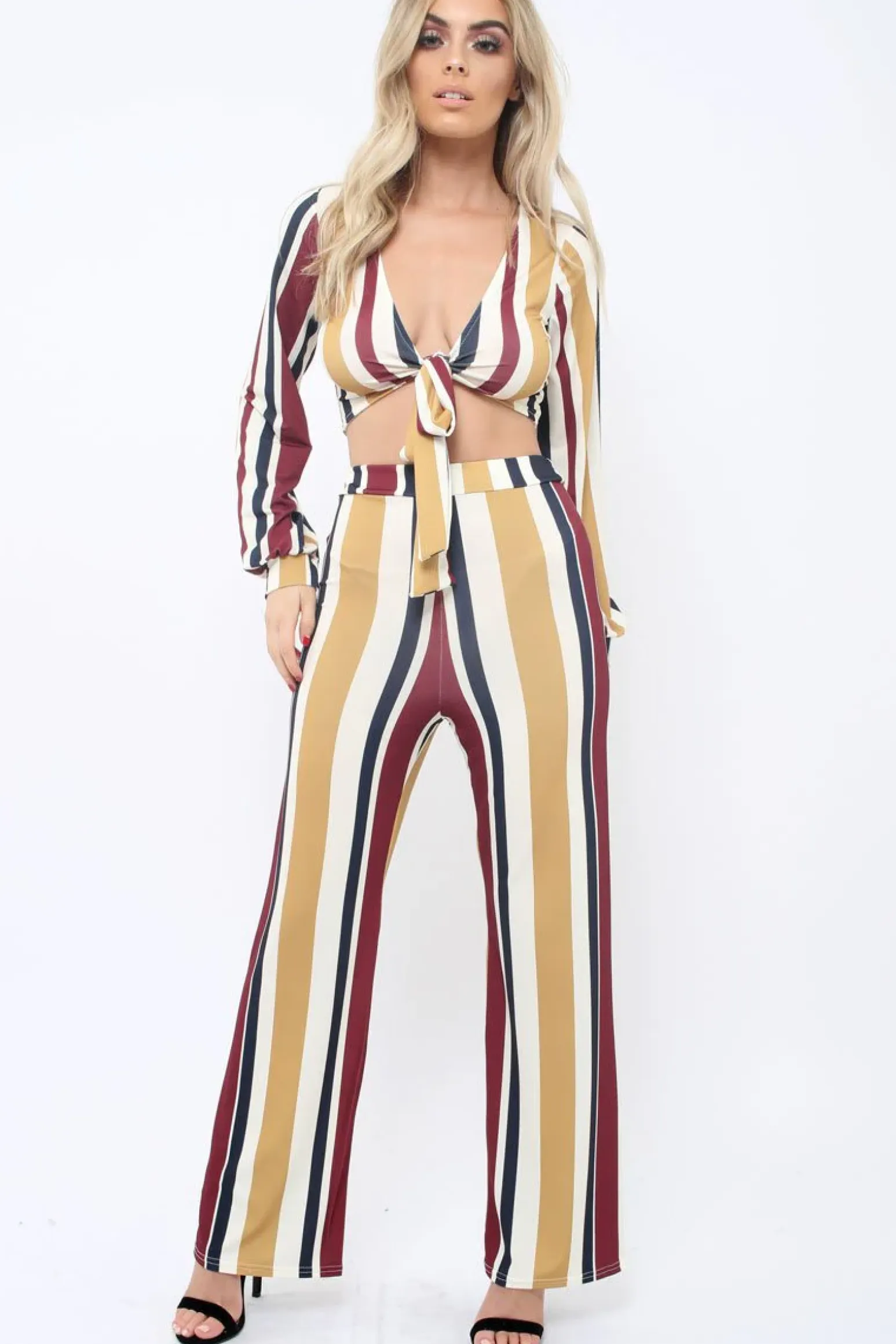 Rebellious Fashion Wine Multi Stripe Wide Leg Trousers - Mitzy