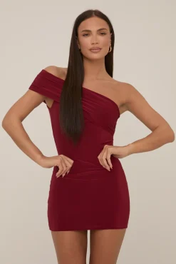 Rebellious Fashion Wine Off Shoulder Slinky Mini Dress - Petula