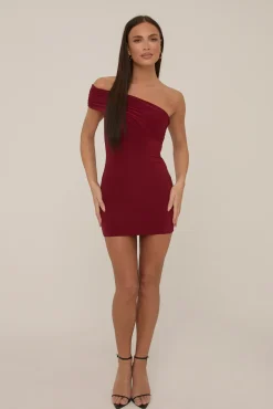 Rebellious Fashion Wine Off Shoulder Slinky Mini Dress - Petula