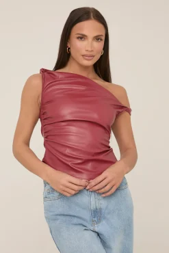 Rebellious Fashion Wine One Shoulder Faux Leather Top - Larissa