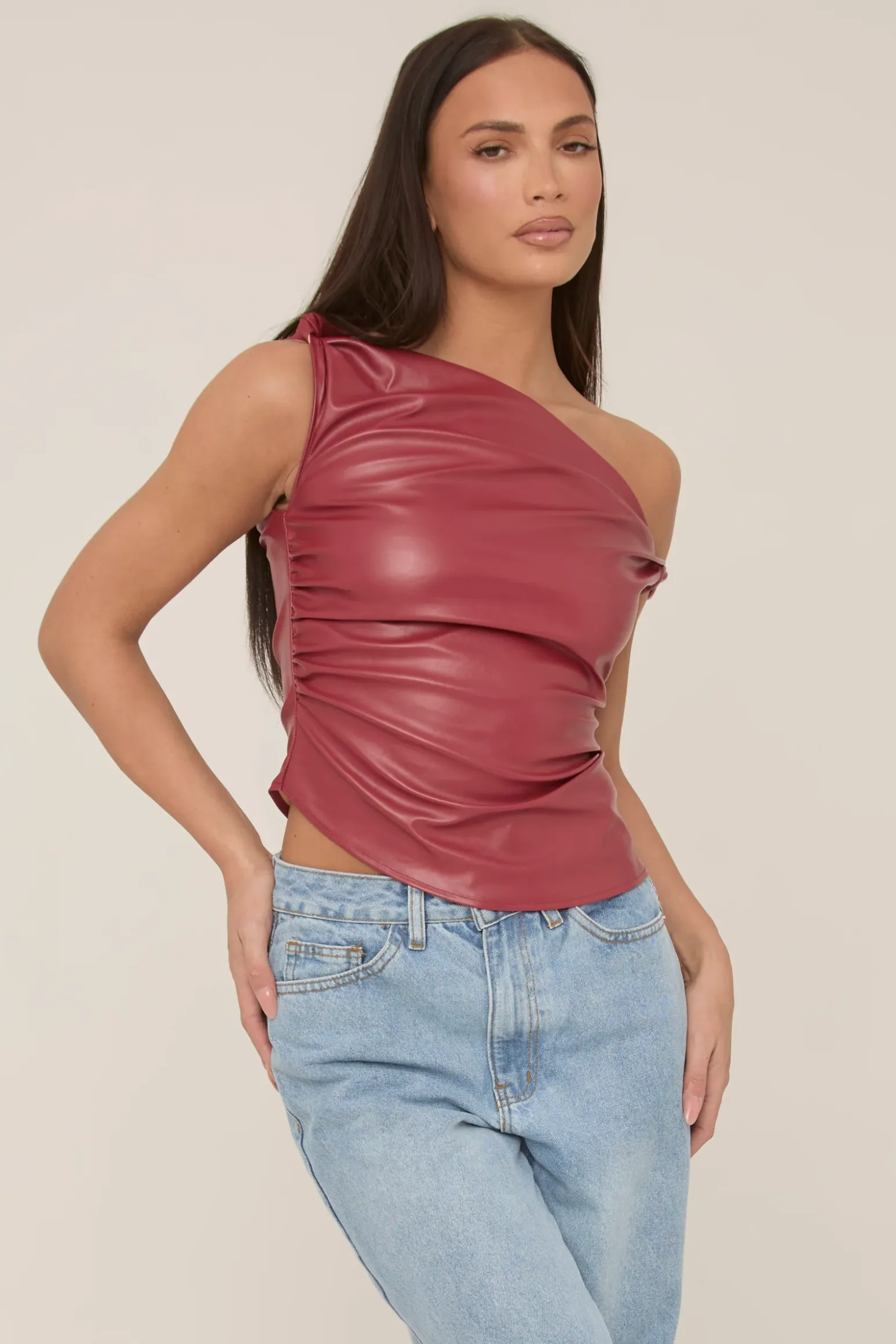 Rebellious Fashion Wine One Shoulder Faux Leather Top - Larissa