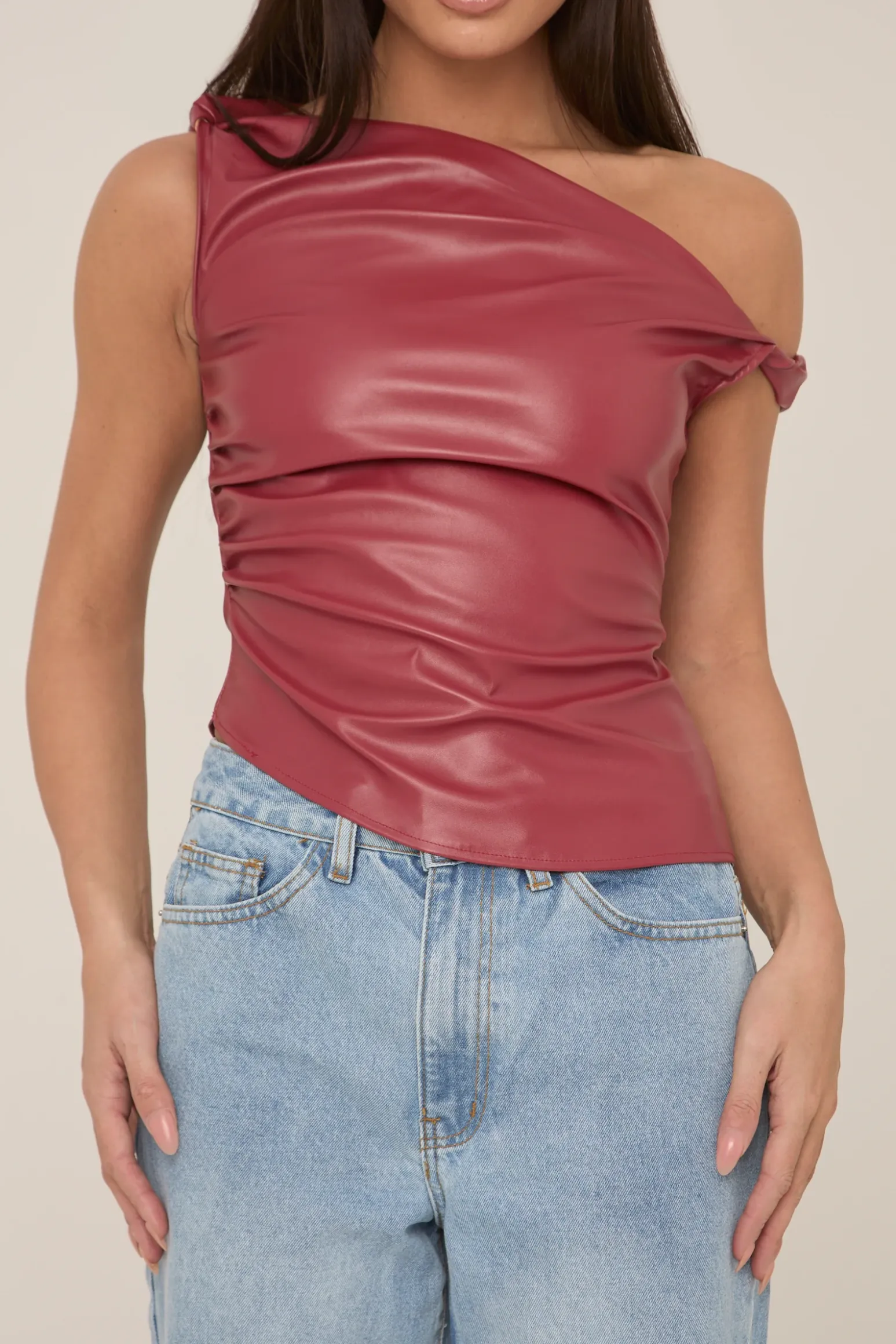 Rebellious Fashion Wine One Shoulder Faux Leather Top - Larissa