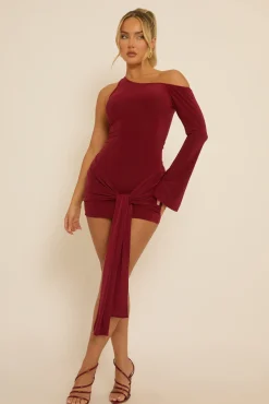 Rebellious Fashion Wine One Shoulder Slinky Wrap Mini Dress - Trudy
