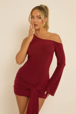 Rebellious Fashion Wine One Shoulder Slinky Wrap Mini Dress - Trudy