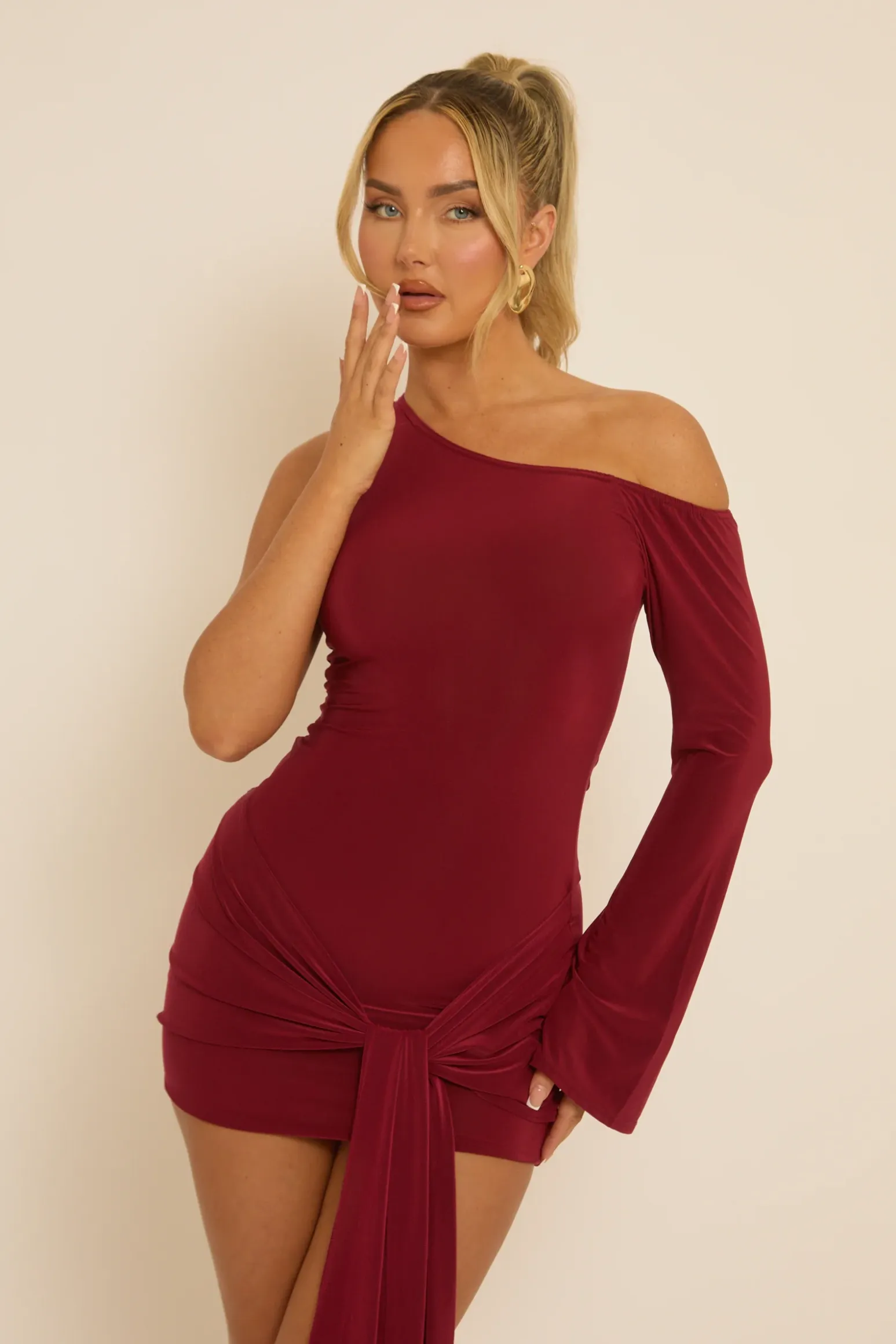 Rebellious Fashion Wine One Shoulder Slinky Wrap Mini Dress - Trudy