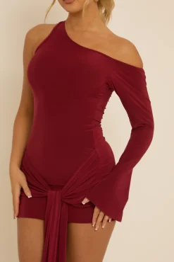 Rebellious Fashion Wine One Shoulder Slinky Wrap Mini Dress - Trudy