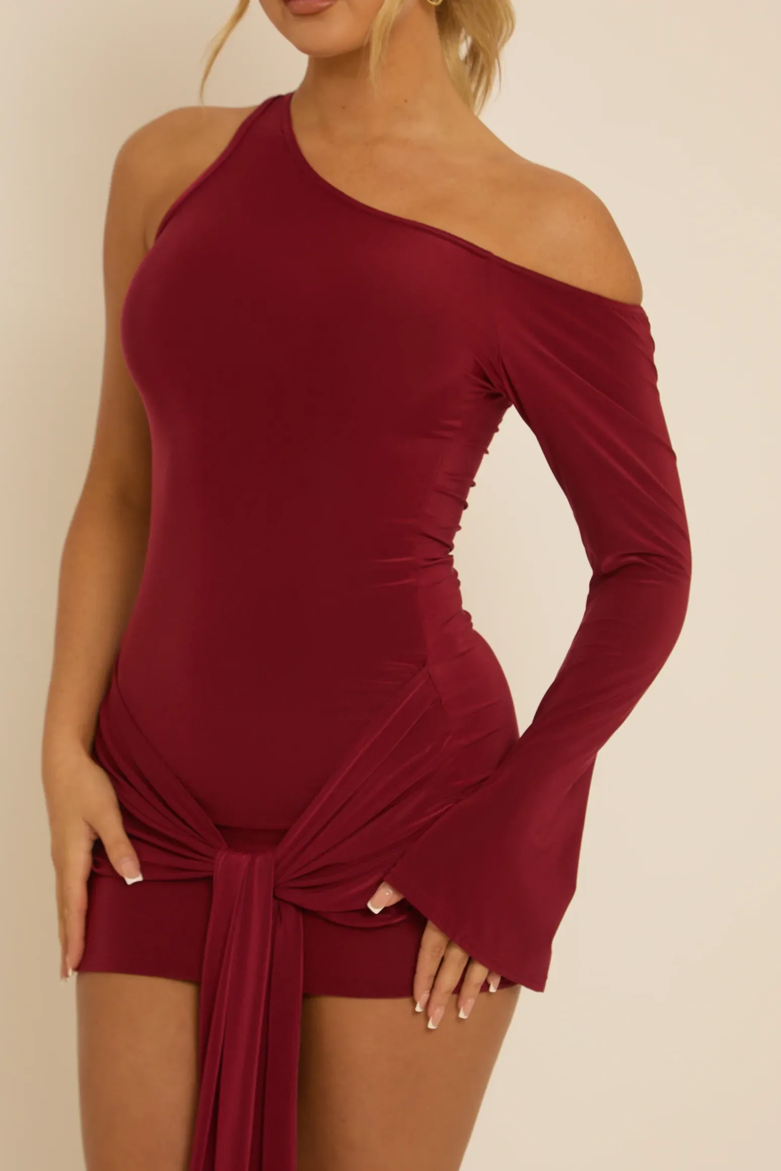 Rebellious Fashion Wine One Shoulder Slinky Wrap Mini Dress - Trudy