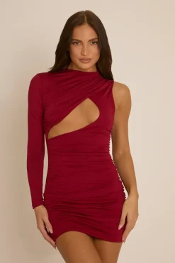 Rebellious Fashion Wine One Sleeve Cut Out Mini Dress - Giada