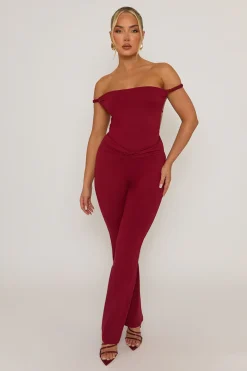 Rebellious Fashion Wine Open Back Bardot Jumpsuit - Alessandra
