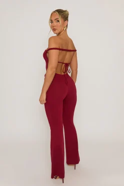 Rebellious Fashion Wine Open Back Bardot Jumpsuit - Alessandra