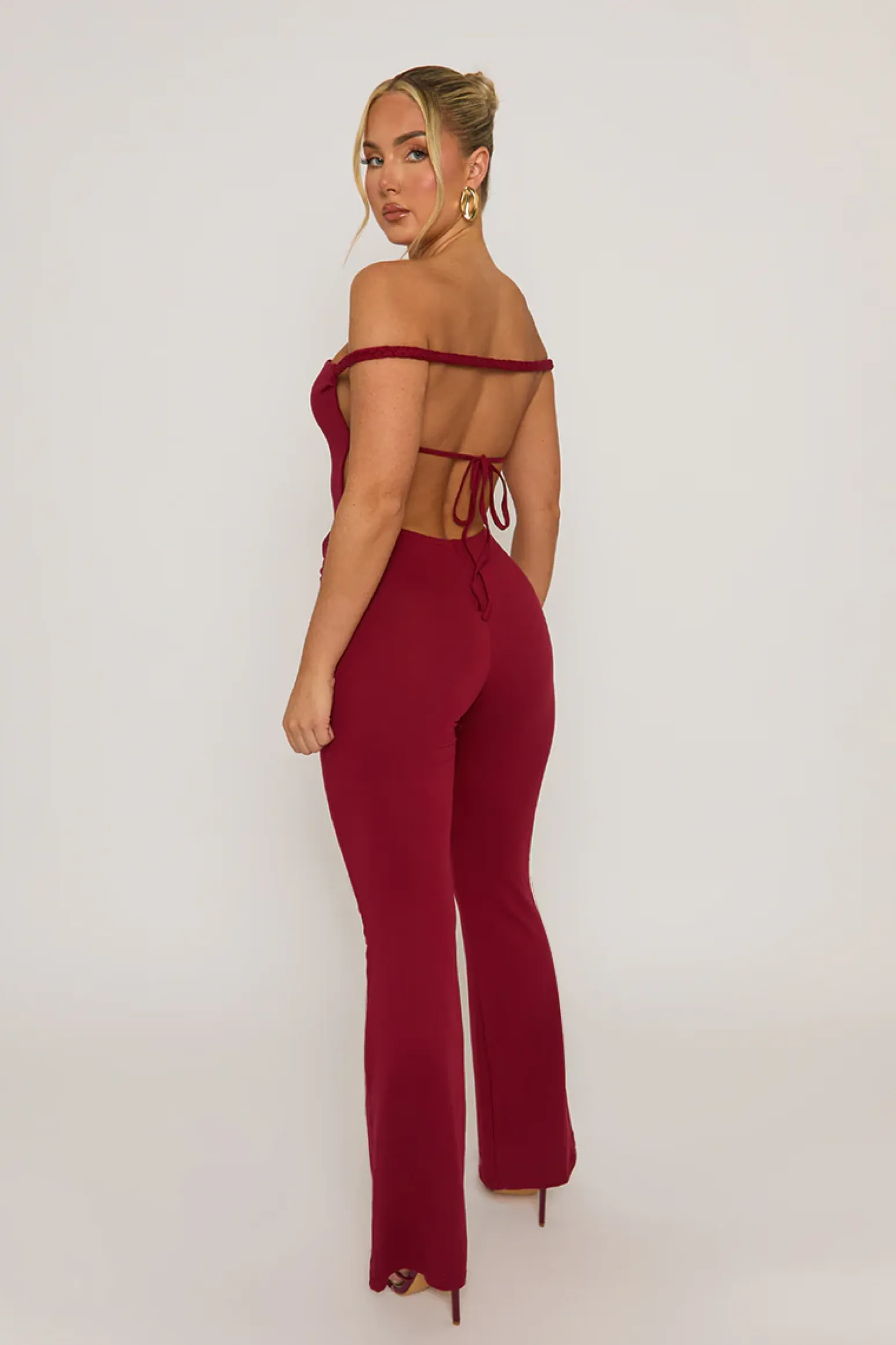 Rebellious Fashion Wine Open Back Bardot Jumpsuit - Alessandra
