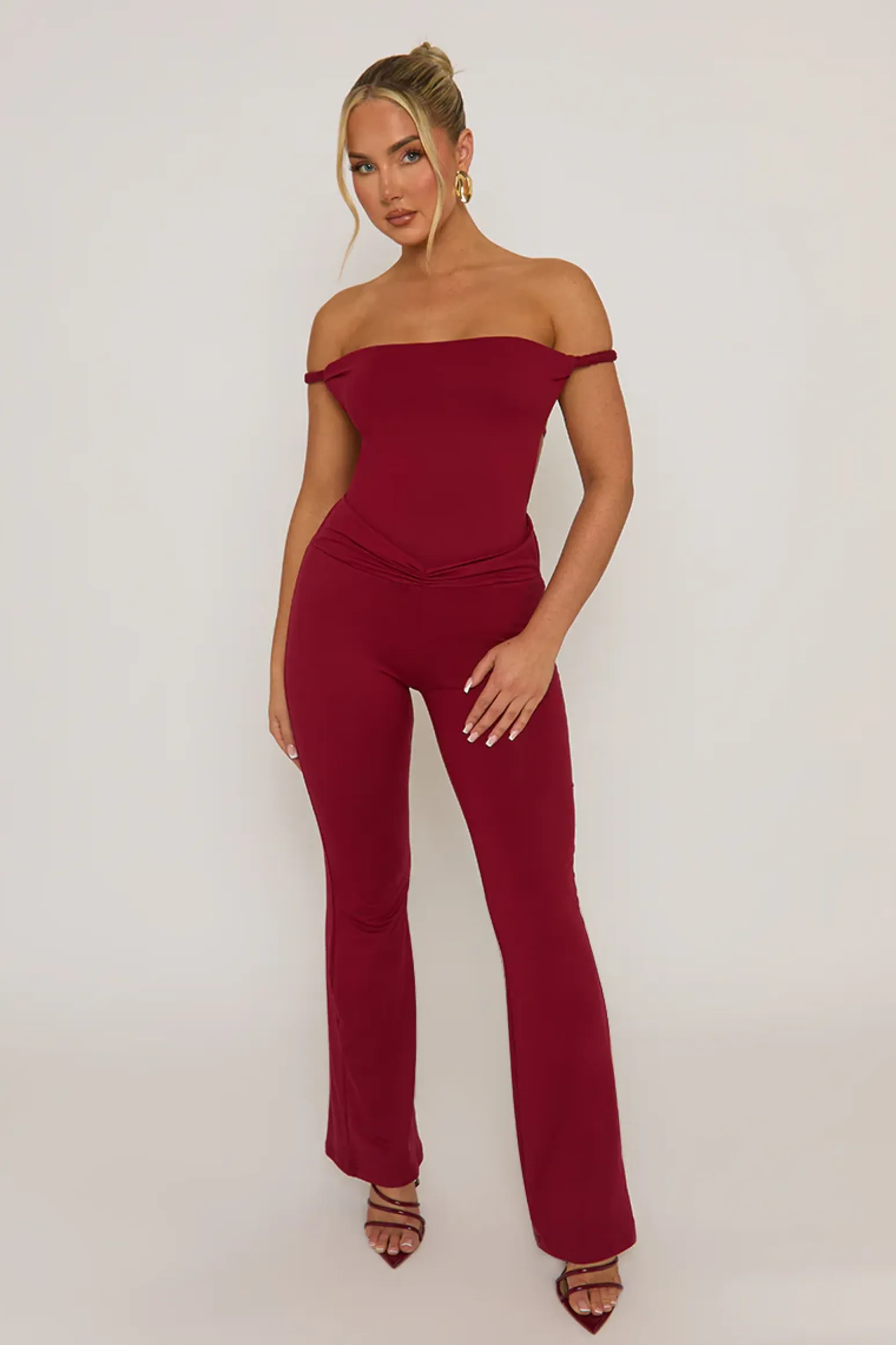 Rebellious Fashion Wine Open Back Bardot Jumpsuit - Alessandra