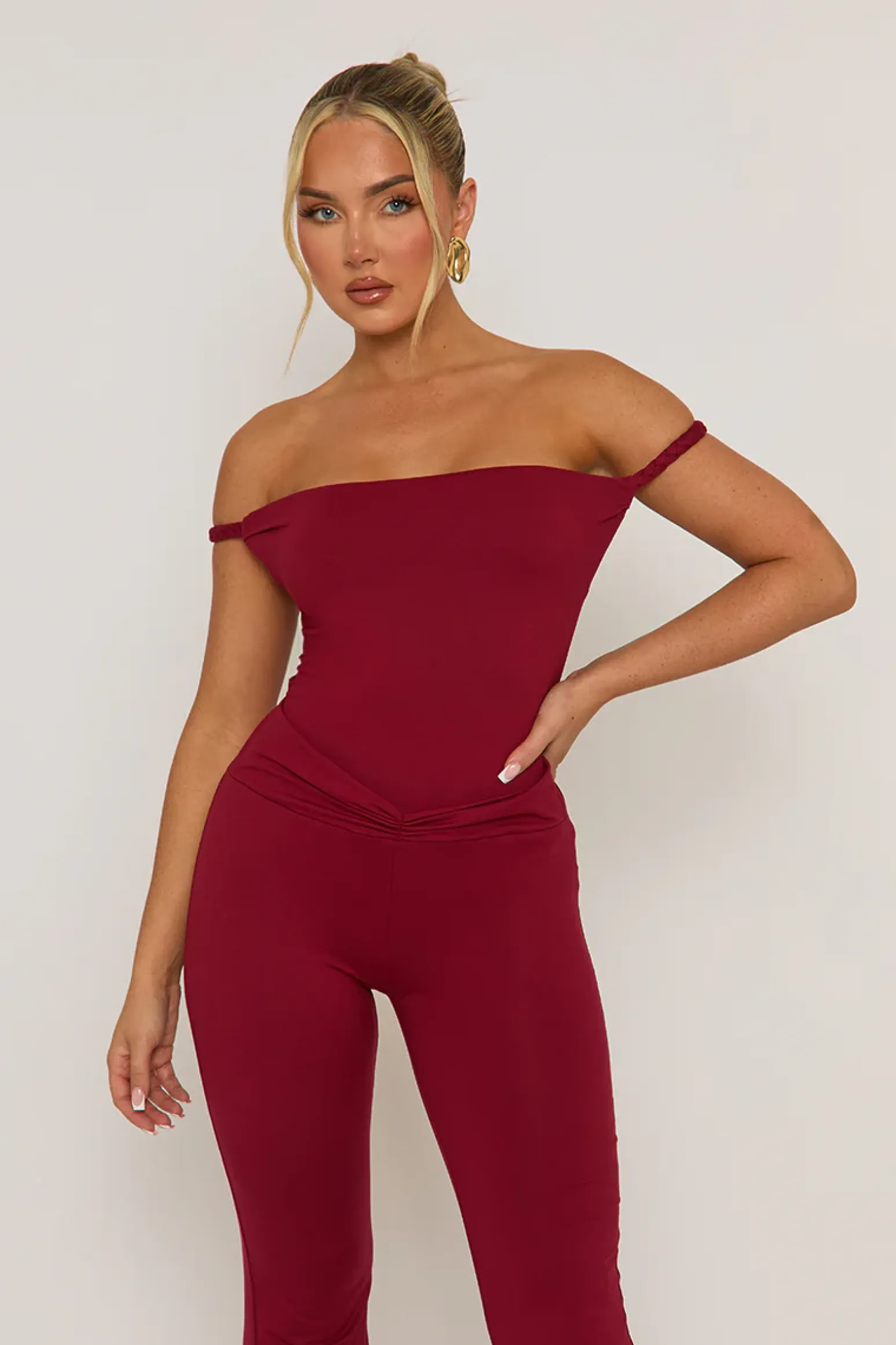 Rebellious Fashion Wine Open Back Bardot Jumpsuit - Alessandra