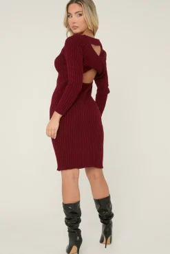 Rebellious Fashion Wine Open Twist Back Midi Bodycon Jumper Dress - Karrah