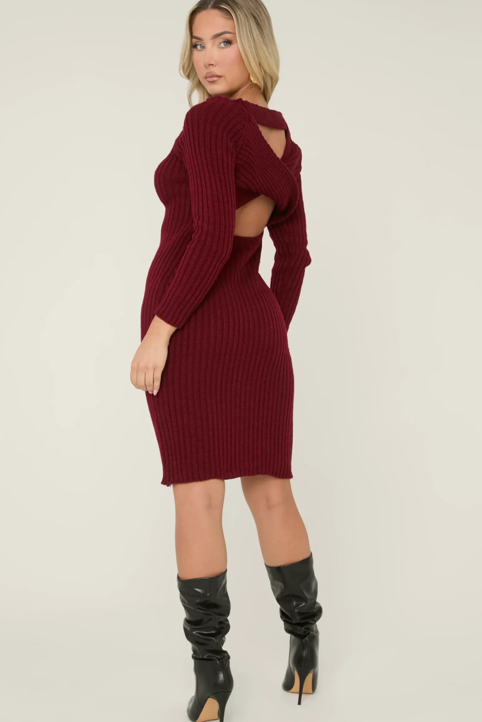 Rebellious Fashion Wine Open Twist Back Midi Bodycon Jumper Dress - Karrah