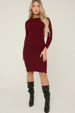 Rebellious Fashion Wine Open Twist Back Midi Bodycon Jumper Dress - Karrah