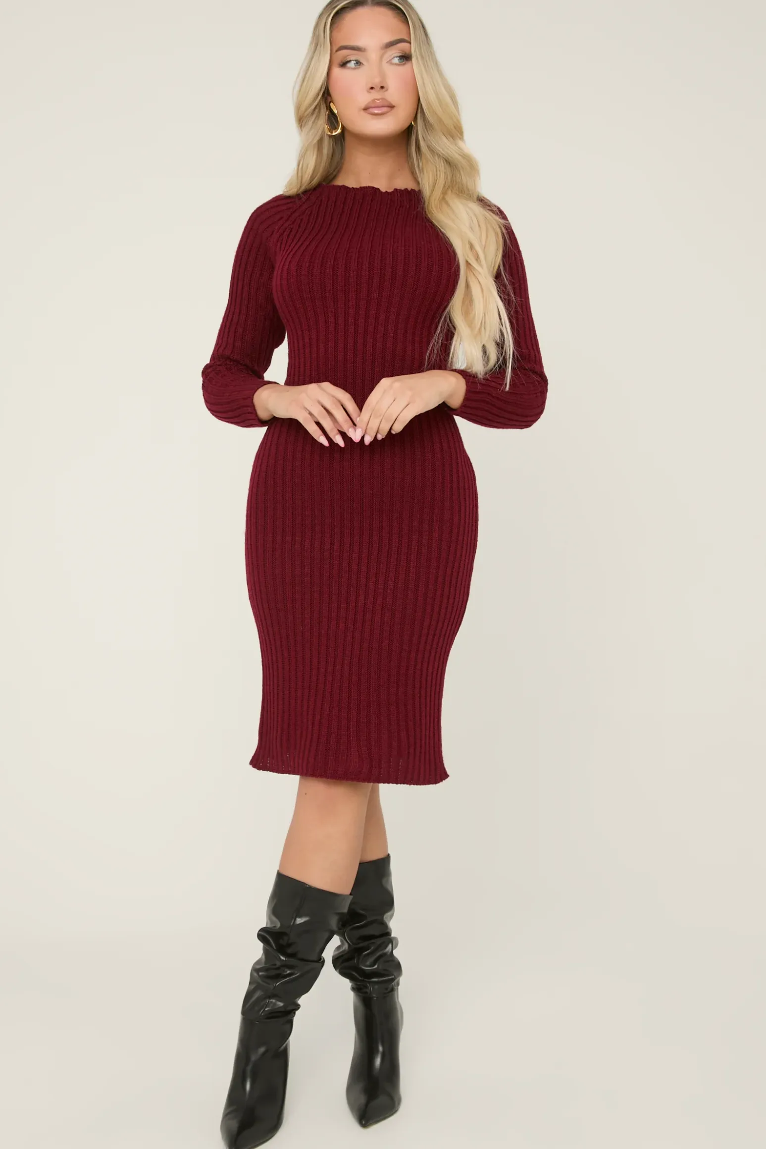 Rebellious Fashion Wine Open Twist Back Midi Bodycon Jumper Dress - Karrah