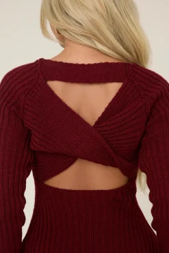 Rebellious Fashion Wine Open Twist Back Midi Bodycon Jumper Dress - Karrah