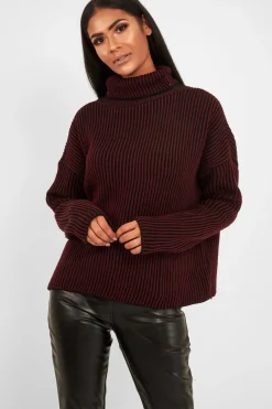 Rebellious Fashion Wine Ottoman Rib Roll Neck Jumper - Renee