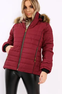 Rebellious Fashion Wine Padded Coat with Fur Hood - Francesca