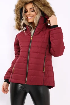 Rebellious Fashion Wine Padded Coat with Fur Hood - Francesca