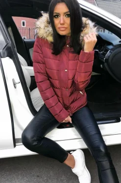 Rebellious Fashion Wine Padded Coat with Fur Trim Hood - Helena
