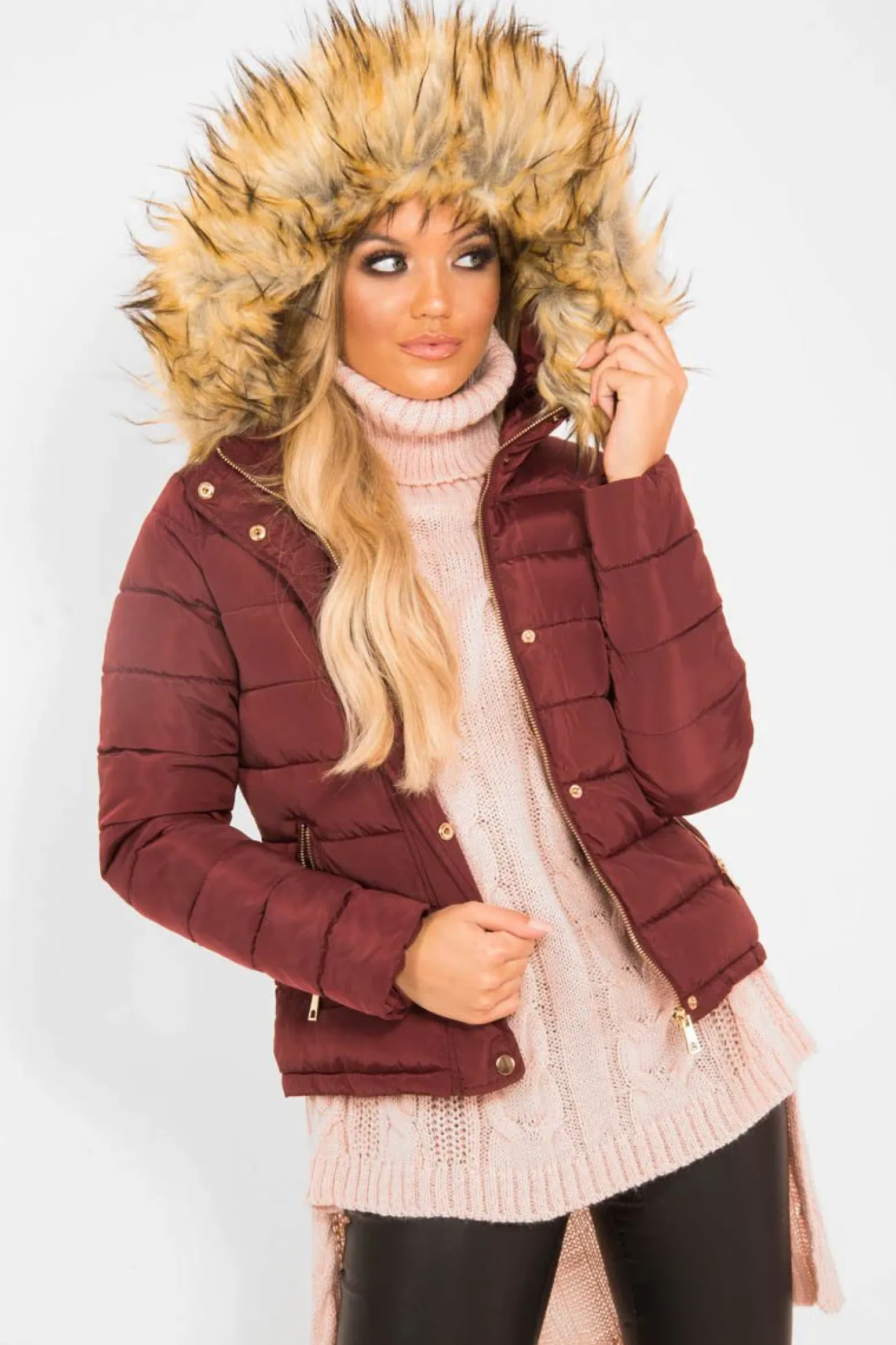 Rebellious Fashion Wine Padded Coat with Fur Trim Hood - Helena