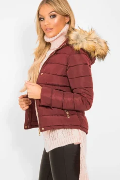 Rebellious Fashion Wine Padded Coat with Fur Trim Hood - Helena