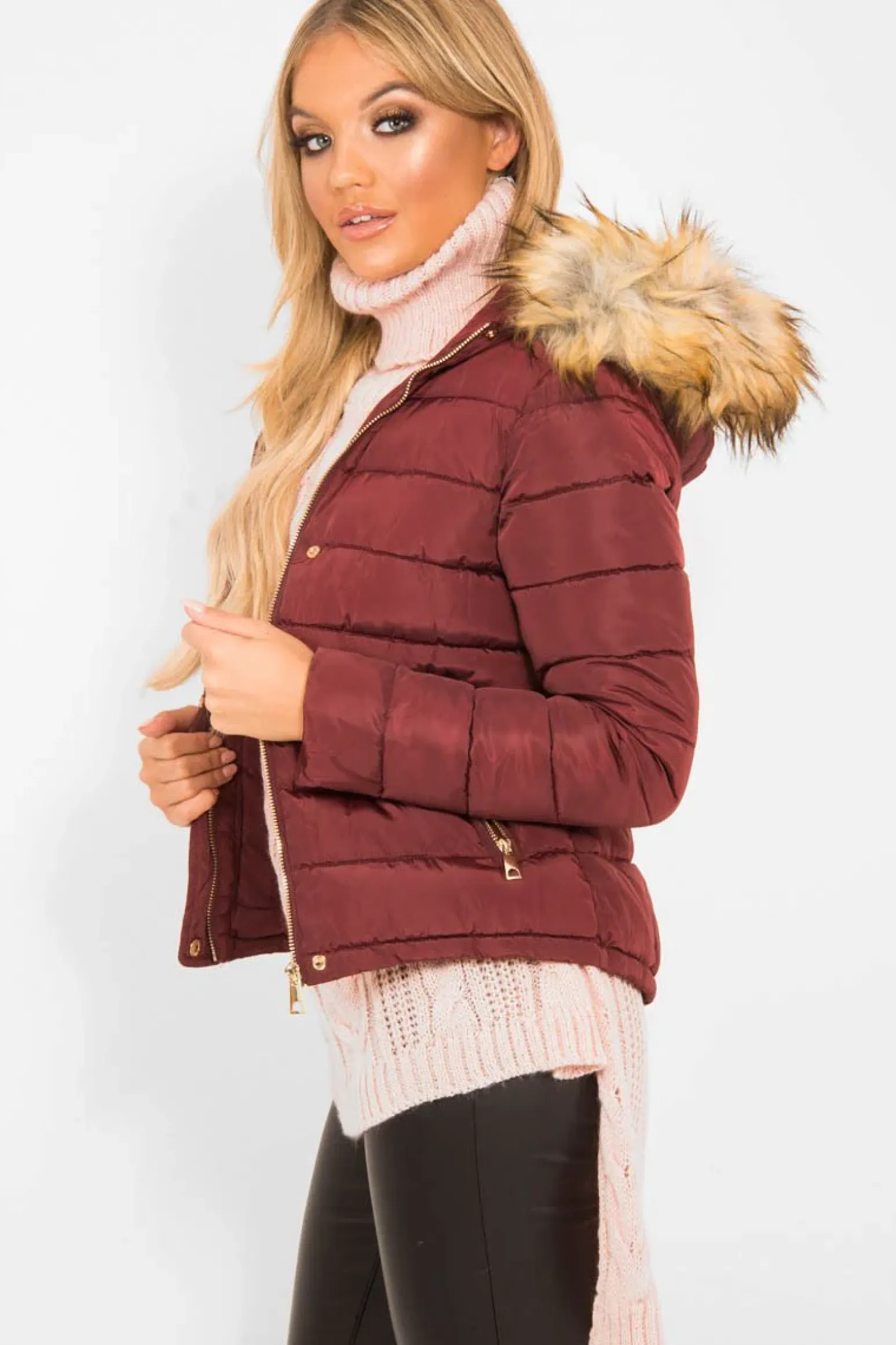 Rebellious Fashion Wine Padded Coat with Fur Trim Hood - Helena