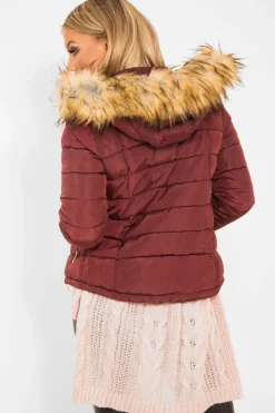 Rebellious Fashion Wine Padded Coat with Fur Trim Hood - Helena