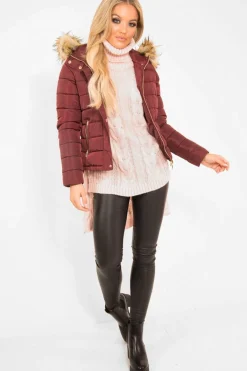 Rebellious Fashion Wine Padded Coat with Fur Trim Hood - Helena