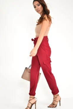 Rebellious Fashion Wine Paper Bag Cargo Pocket Trousers - Brette