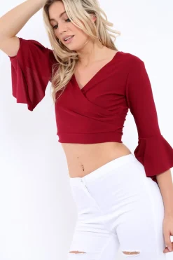 Rebellious Fashion Wine Plunge Bell Sleeve Crop Top - Merla