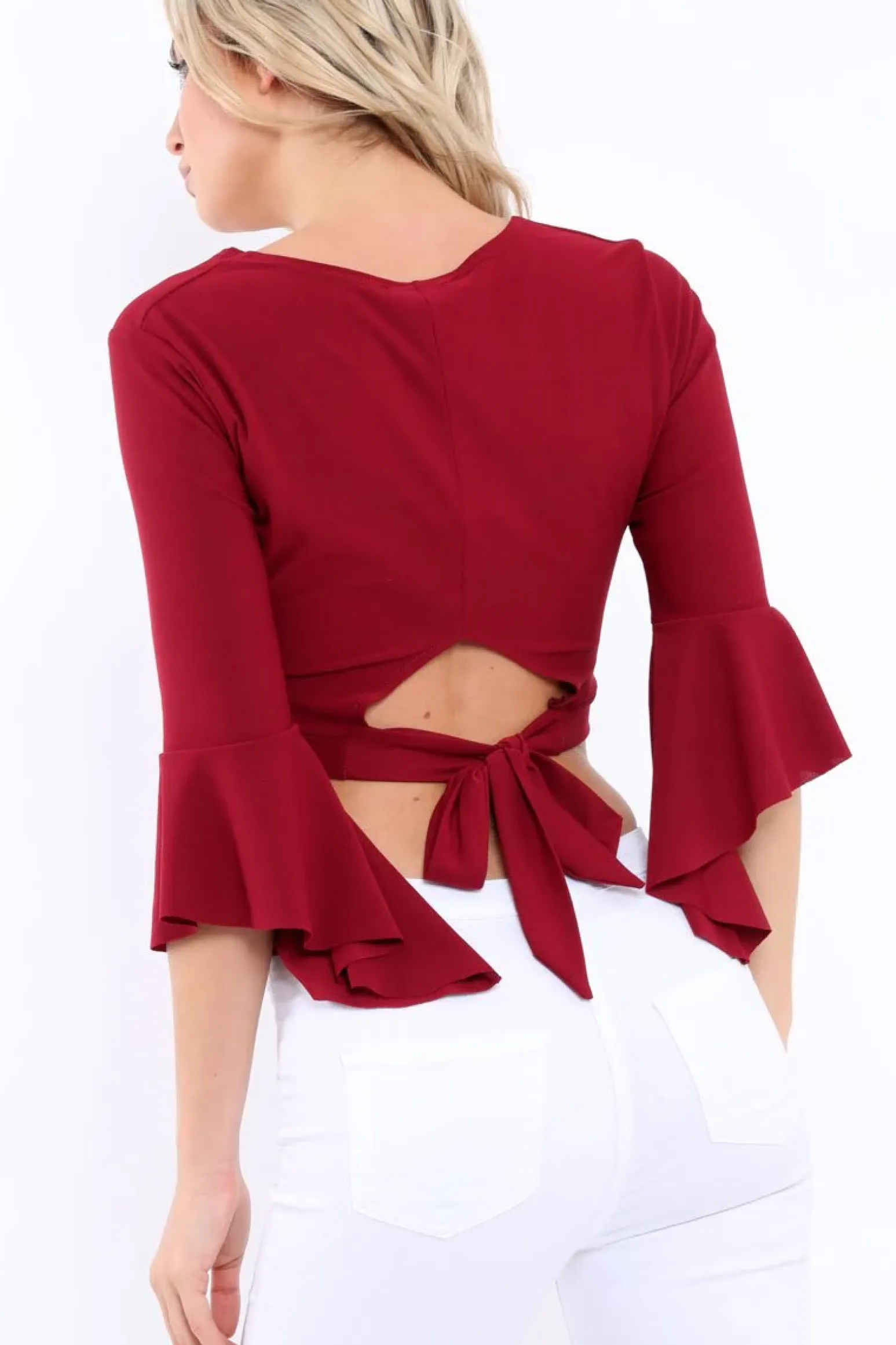 Rebellious Fashion Wine Plunge Bell Sleeve Crop Top - Merla