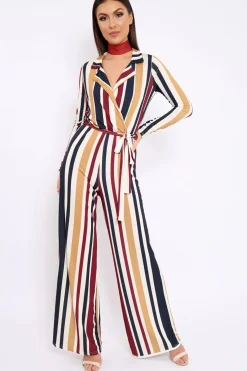 Rebellious Fashion Wine Plunge Front Multi Stripe Jumpsuit - Jara