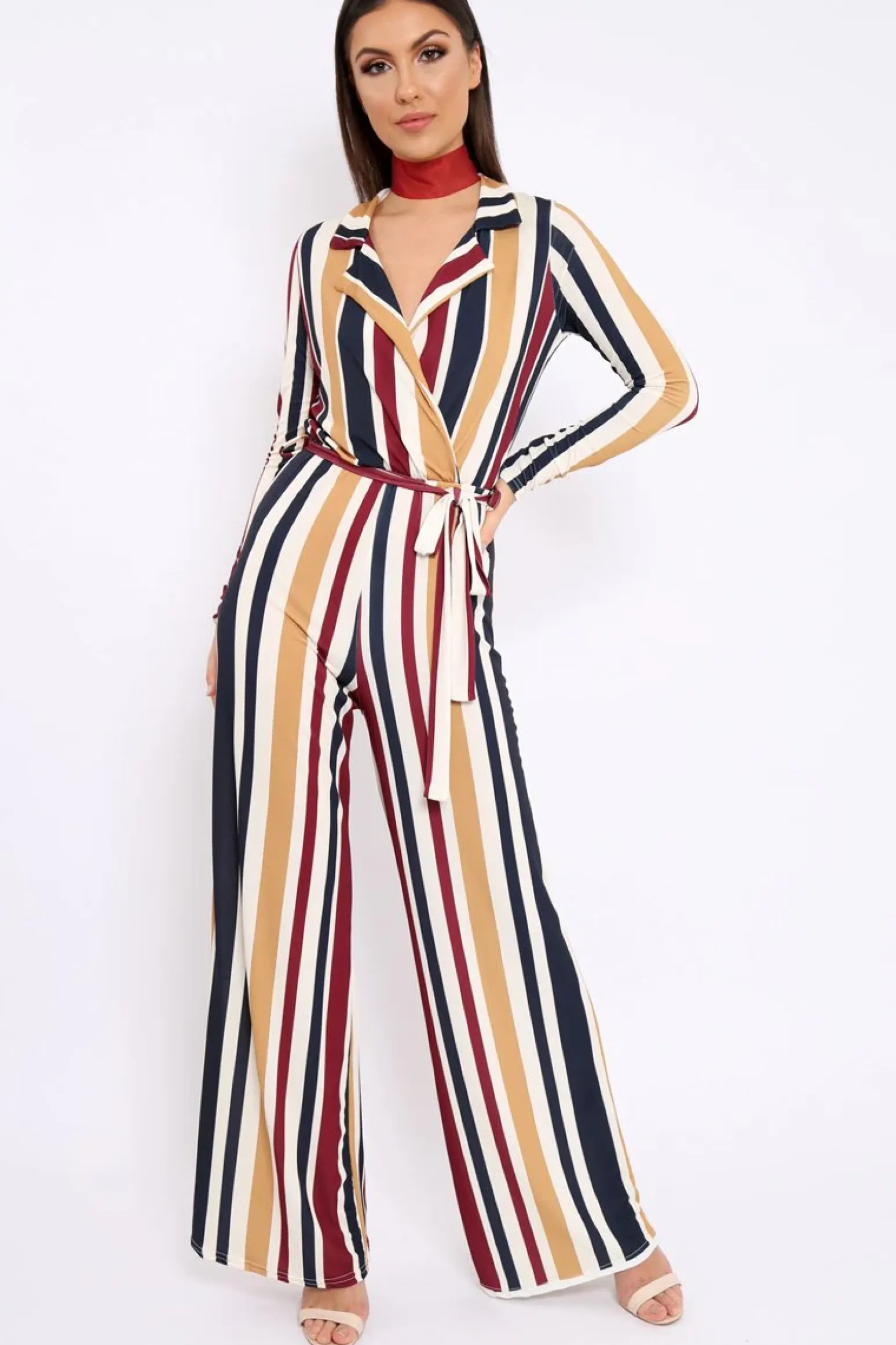 Rebellious Fashion Wine Plunge Front Multi Stripe Jumpsuit - Jara