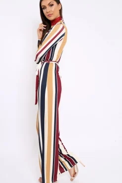 Rebellious Fashion Wine Plunge Front Multi Stripe Jumpsuit - Jara