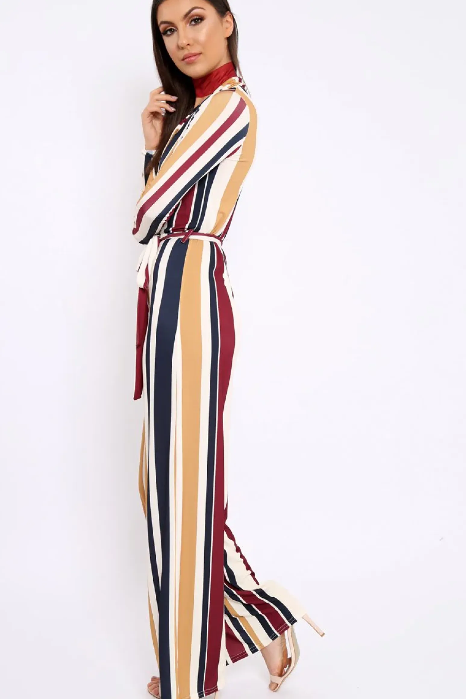 Rebellious Fashion Wine Plunge Front Multi Stripe Jumpsuit - Jara