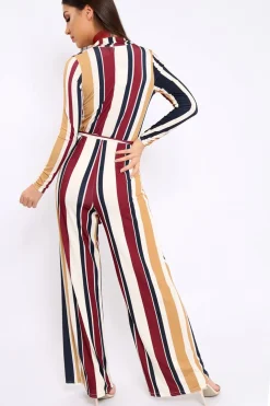 Rebellious Fashion Wine Plunge Front Multi Stripe Jumpsuit - Jara