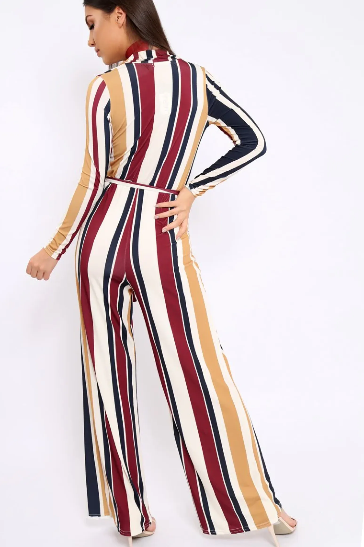Rebellious Fashion Wine Plunge Front Multi Stripe Jumpsuit - Jara