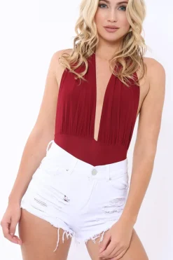 Rebellious Fashion Wine Plunge Halterneck Bodysuit - Lona