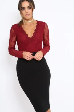 Rebellious Fashion Wine Plunge Lace Bodysuit - Adele