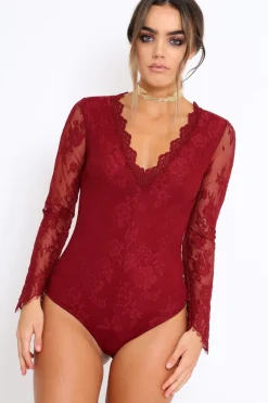Rebellious Fashion Wine Plunge Lace Bodysuit - Adele