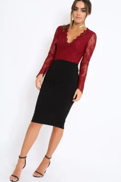 Rebellious Fashion Wine Plunge Lace Bodysuit - Adele