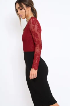 Rebellious Fashion Wine Plunge Lace Bodysuit - Adele