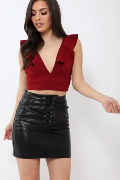 Rebellious Fashion Wine Plunge Ruffle Crop Top With Cut Out Back - Nia
