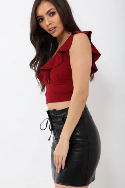 Rebellious Fashion Wine Plunge Ruffle Crop Top With Cut Out Back - Nia