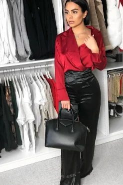 Rebellious Fashion Wine Plunge Satin Bodysuit - Rebeka