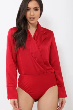 Rebellious Fashion Wine Plunge Satin Bodysuit - Rebeka